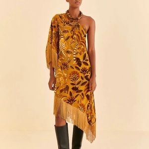 FARM Golden Velvet One Shoulder Fringe Dress